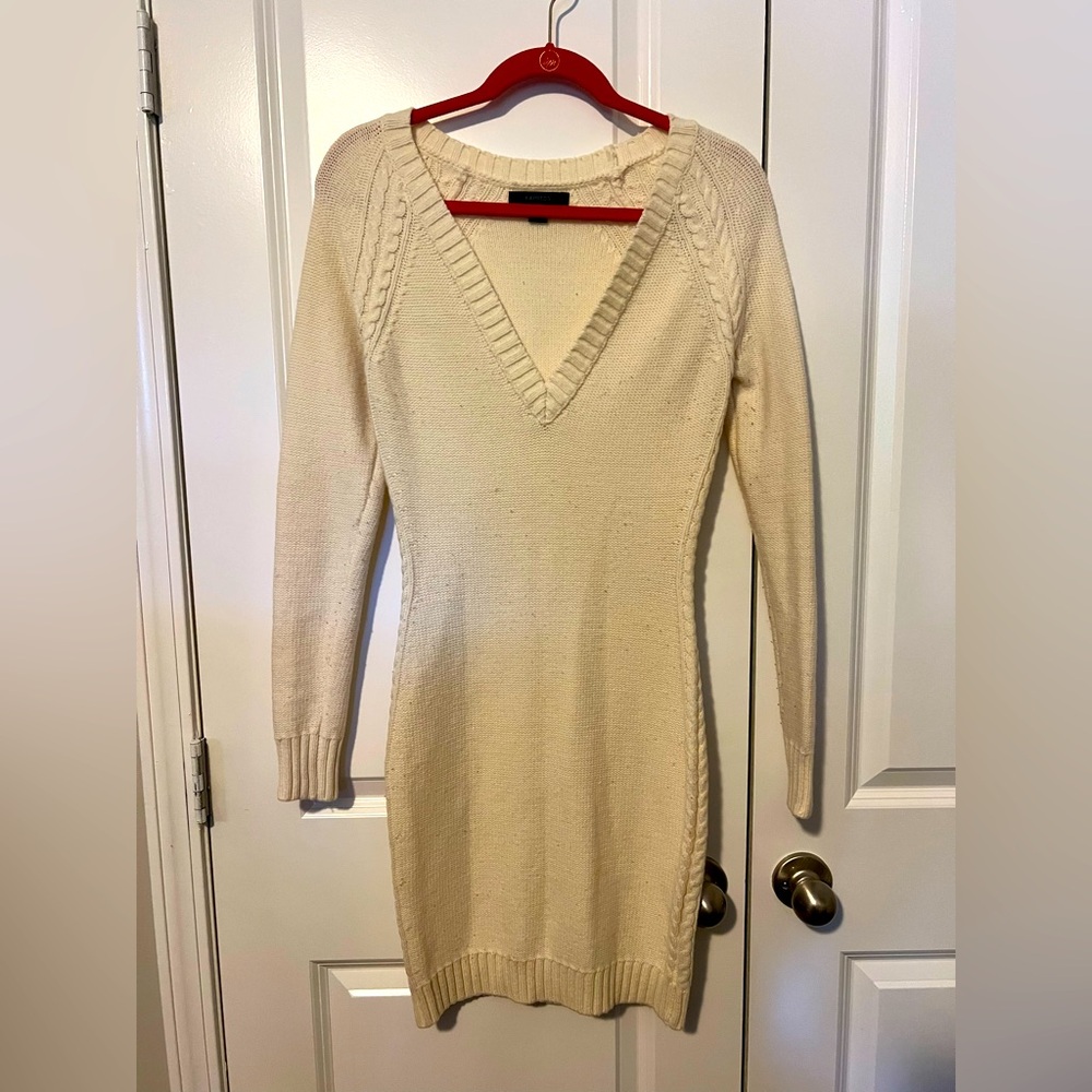 Express Cream V neck Wool Blend Sweater Dress